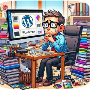 A frustrated web designer facing a large, blank computer screen in a cluttered office, surrounded by web design books and color swatches.