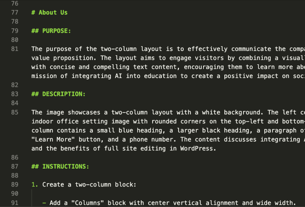 Screenshot of a block pattern example from the training docs