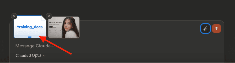 Screenshot of uploading the training document to Claude chat interface