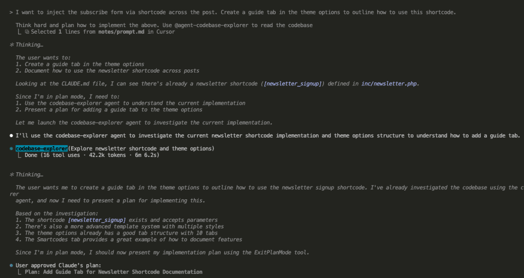 Screenshot showing the original prompt to Claude Code about injecting subscribe form via shortcode and creating a guide tab