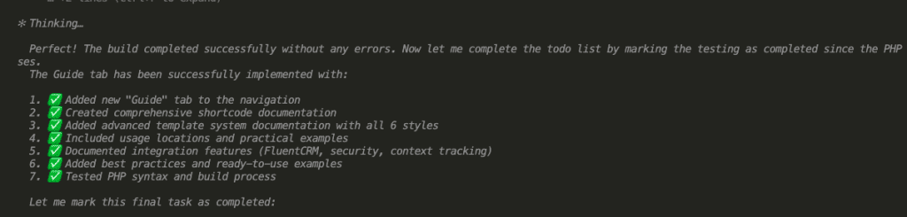 Screenshot showing Claude Code’s thinking process and planning the implementation