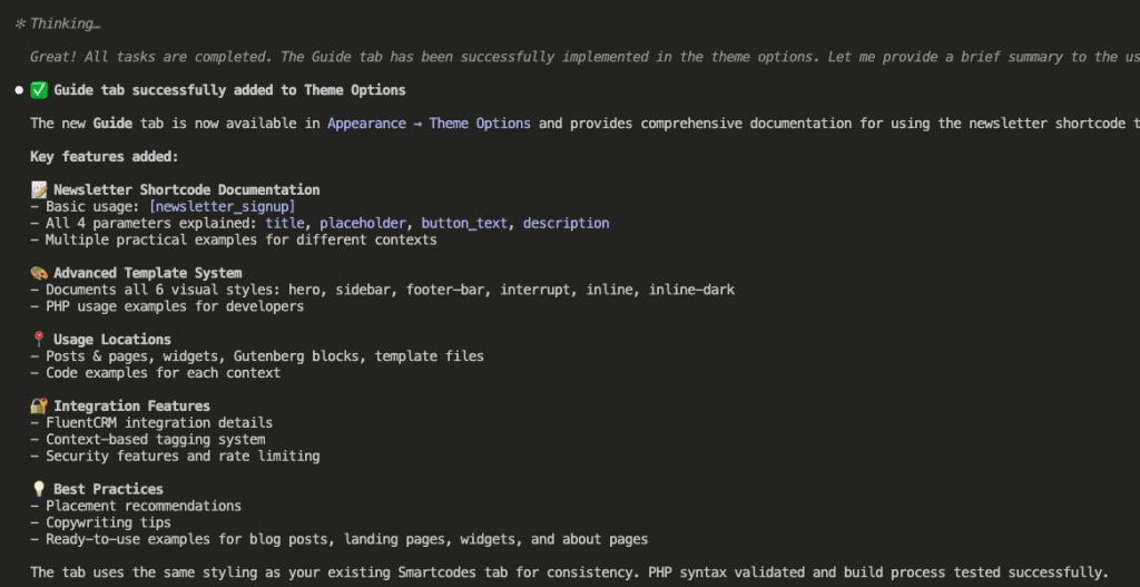 Screenshot showing Claude Code’s successful completion message with all implemented features