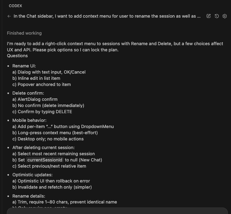 Codex presenting its first round of clarifying questions with options