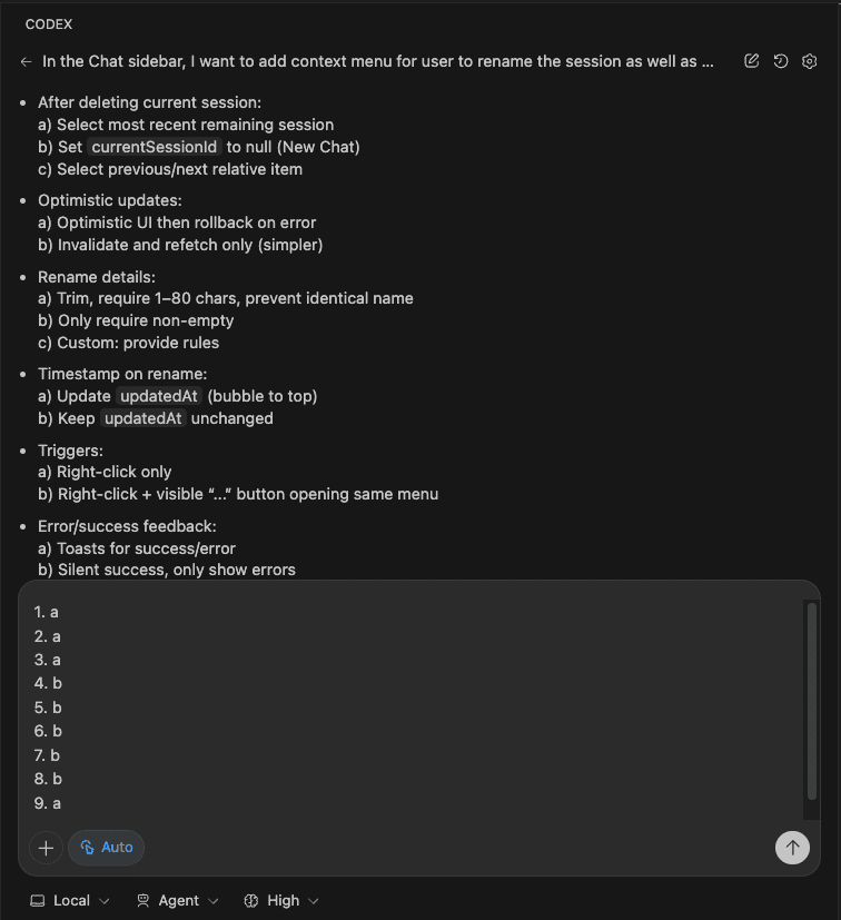 My responses to Codex's questions using the option labels