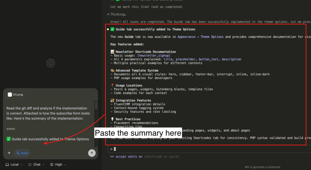 Screenshot showing how I provided the implementation summary from Claude Code along with my prompt asking Codex to “Read the git diff and analyze if the implementation is correct”