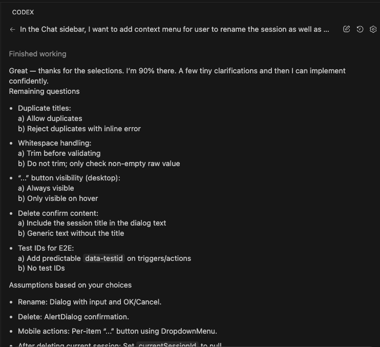 Codex asking additional clarifying questions