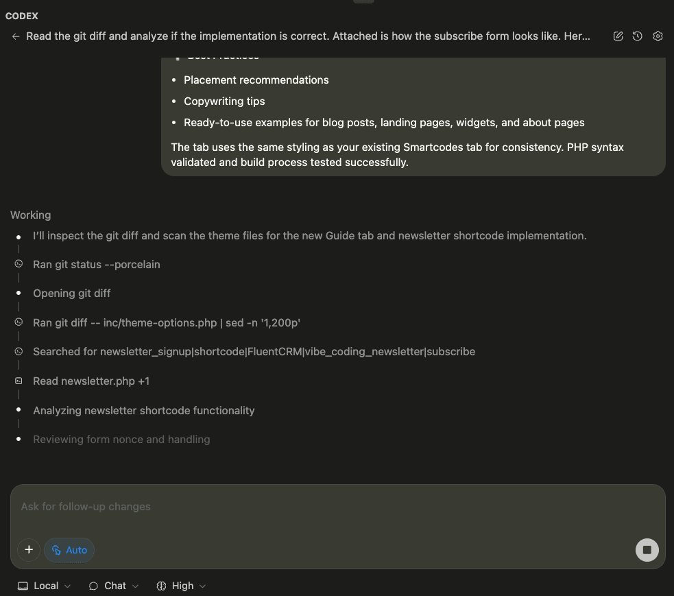 Screenshot showing Codex starting its review process - “I’ll inspect the git diff and scan the theme files