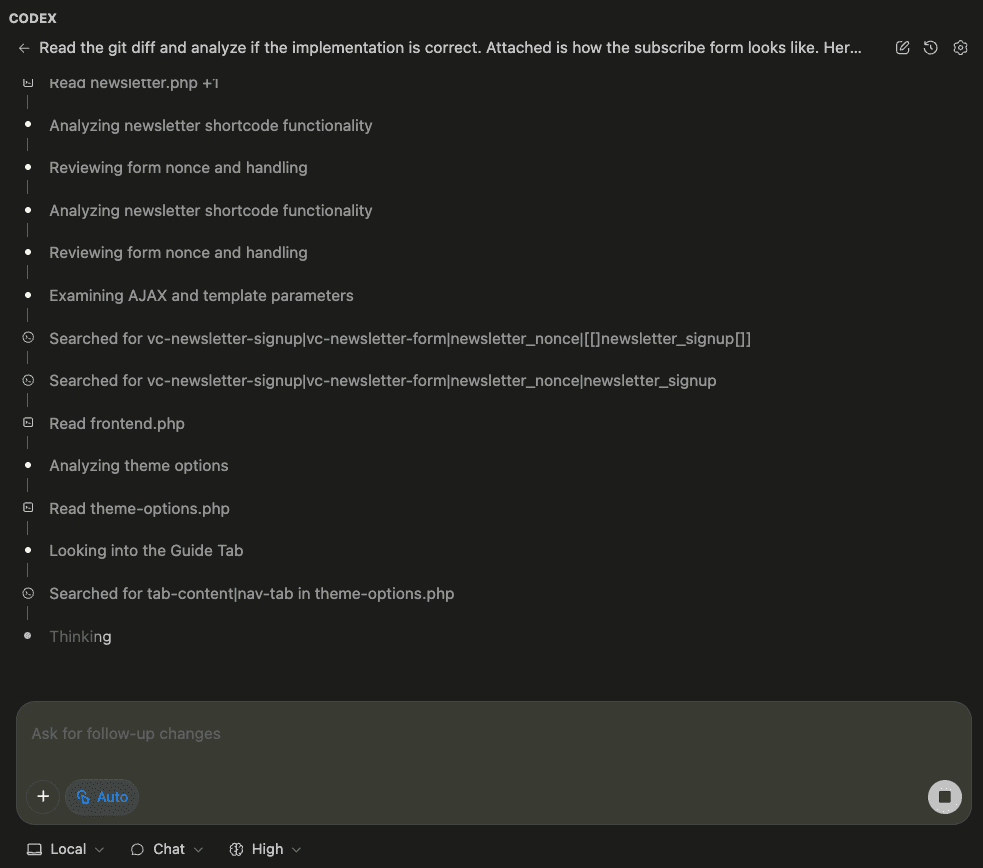 Screenshot showing Codex’s detailed analysis process - searching for nonces, analyzing functionality