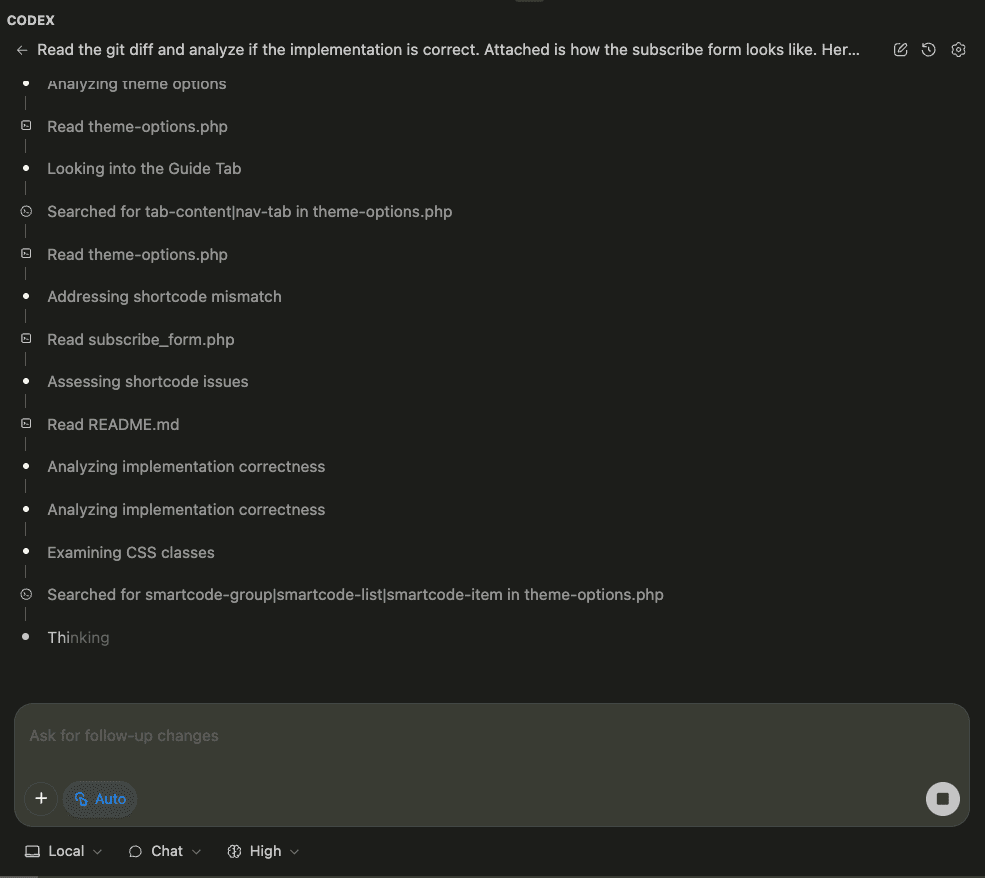 Screenshot showing Codex continuing analysis - checking shortcode usage, examining CSS classes