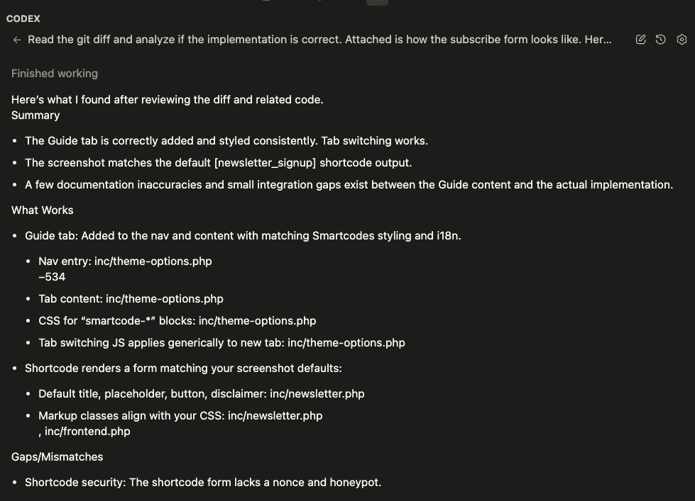 Screenshot showing Codex’s comprehensive findings