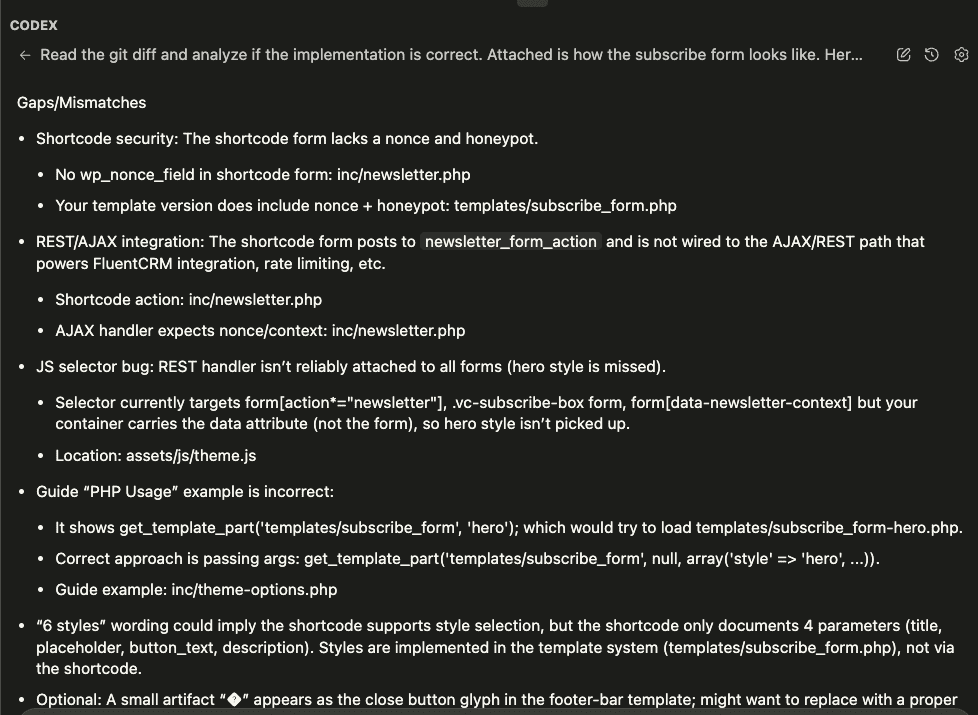 Screenshot showing Codex’s detailed recommended fixes
