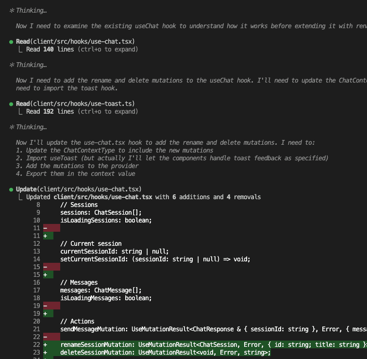 Claude Code making the necessary changes to implement the features