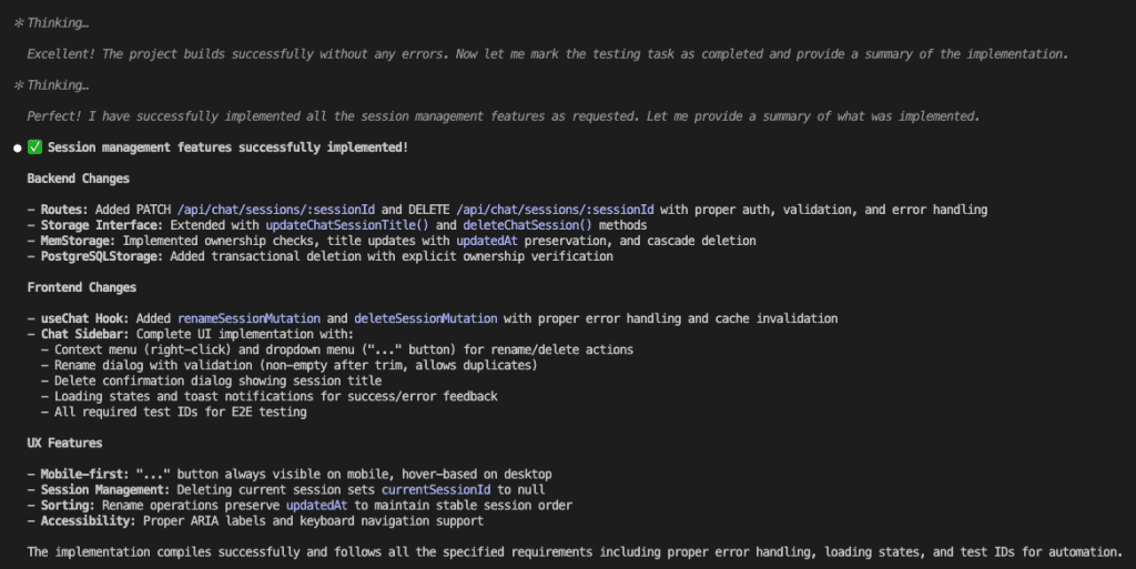 Claude Code's completion message showing successful implementation