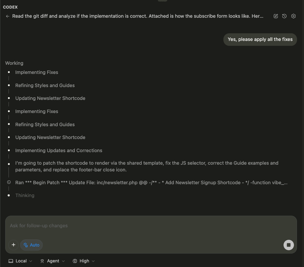 Screenshot showing me requesting “Yes, please apply all the fixes”