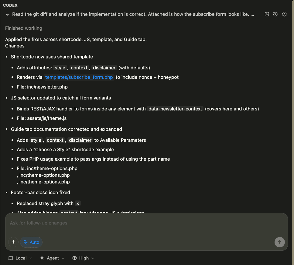 Screenshot showing Codex’s completion summary - “Applied the fixes across shortcode, JS, template, and Guide tab”