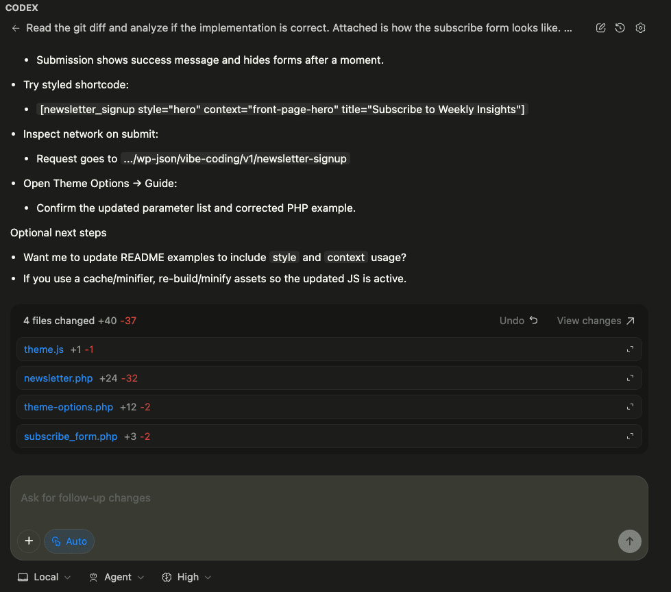Screenshot showing the 4 files changed with specific line counts