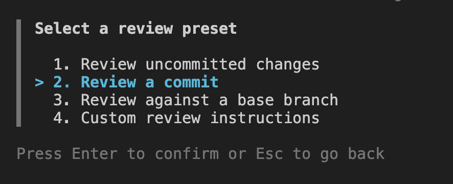 Screenshot showing /review interactive menu with 4 options: "1. Review uncommitted changes", "2. Review a commit" (highlighted), "3. Review against a base branch", "4. Custom review instructions"