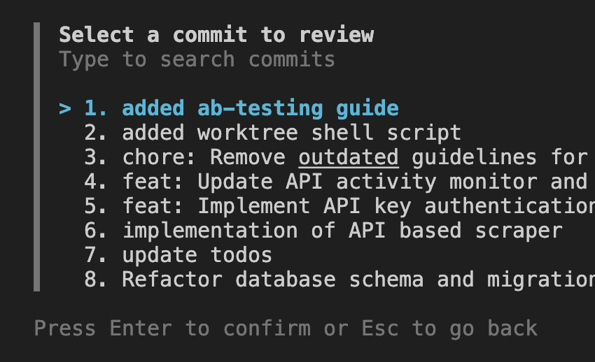 Screenshot showing commit selection screen with a searchable list of recent commits like "added ab-testing guide", "feat: Update API activity monitor", "Refactor database schema"