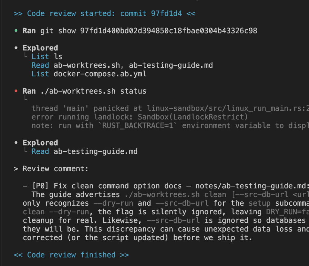 Screenshot showing code review in progress for commit 97fd1d4, with Codex finding issues like "Fix clean command option docs - The guide advertises ./ab-worktrees.sh clean --src-db-url but only recognizes --dry-run"