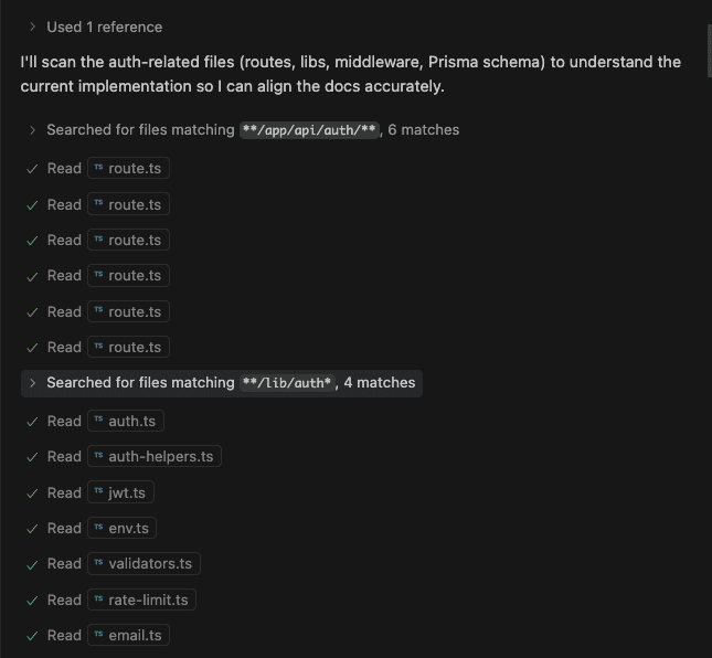 GPT-5 analyzing the codebase, showing it reading files and understanding patterns