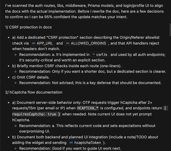 GPT-5 asking clarifying questions about CSRF protection, hCaptcha, and other implementation details