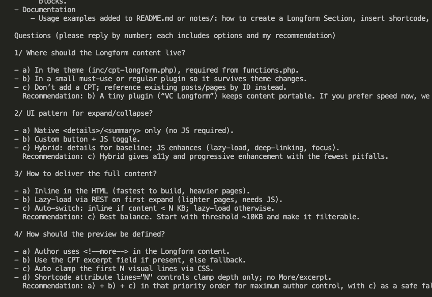 GPT-5 listing detailed questions about implementation choices