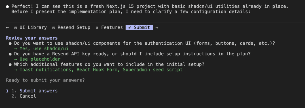 User answering the configuration questions