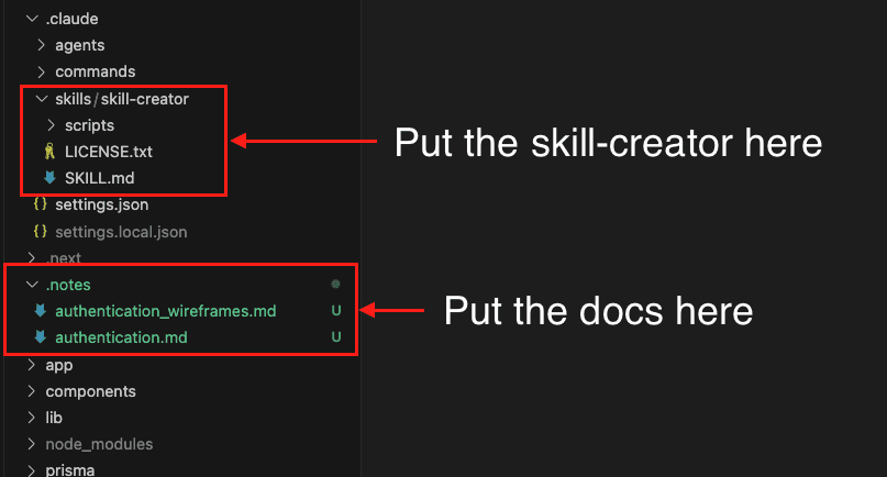 Project structure showing skill-creator in .claude/skills folder and documentation in notes folder