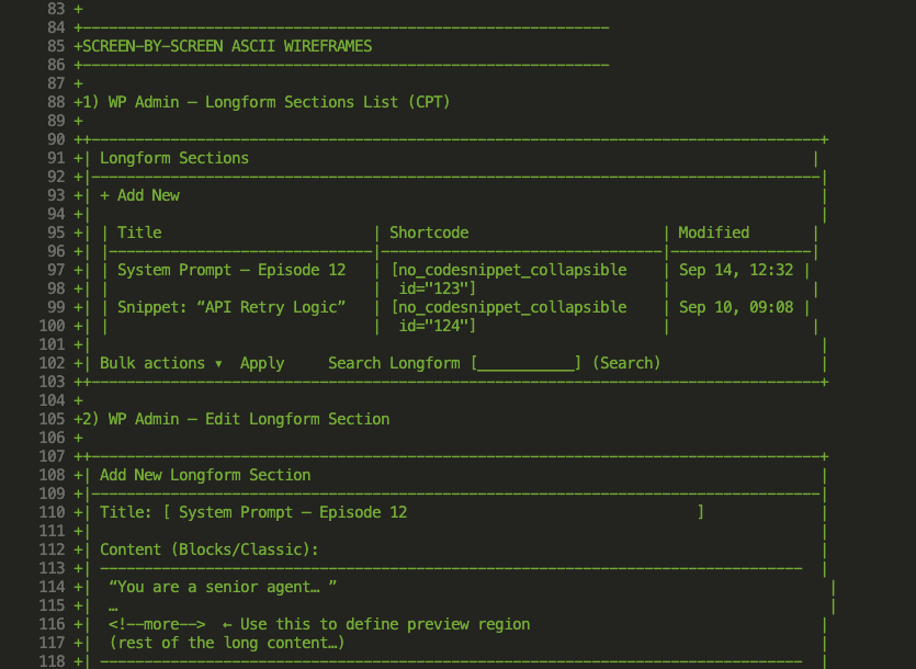 Example ASCII wireframe showing the admin interface layout