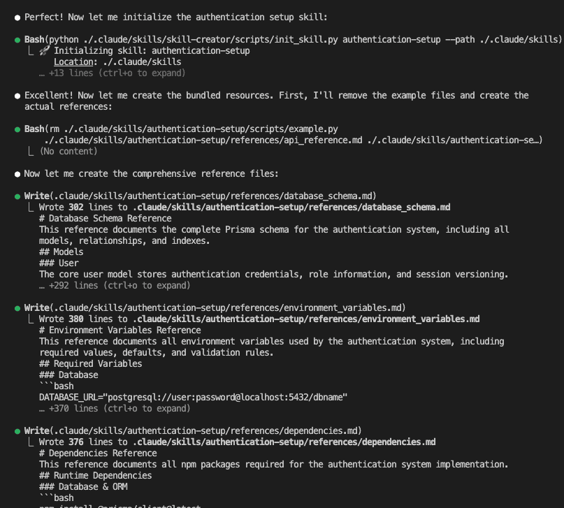 Claude creating the authentication-setup skill structure