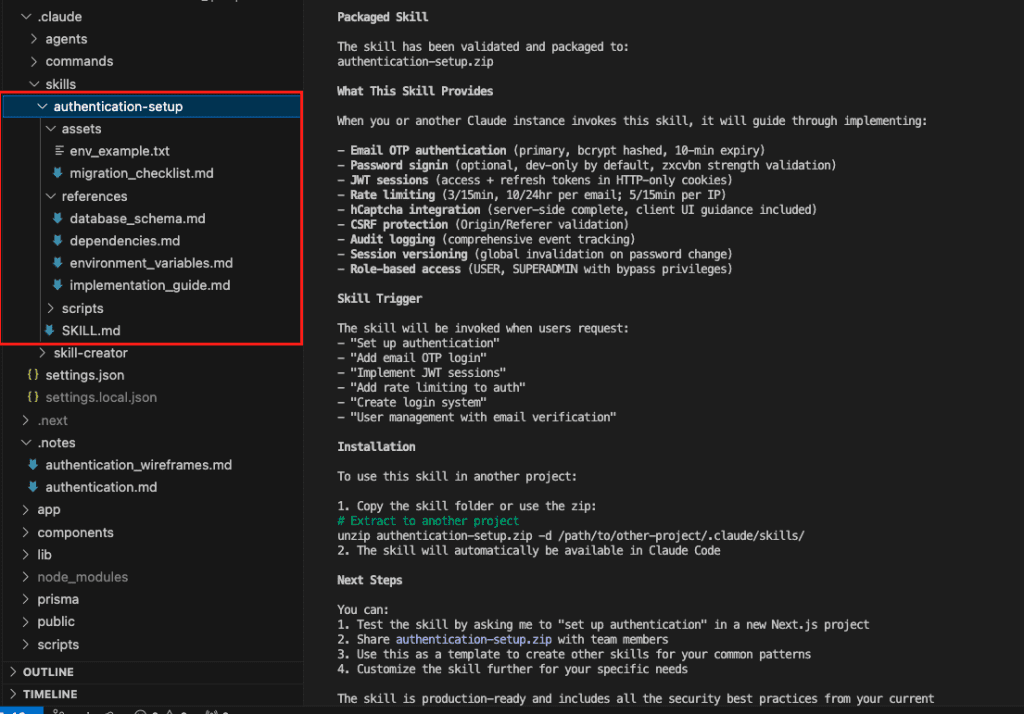 Claude showing the packaged skill is ready