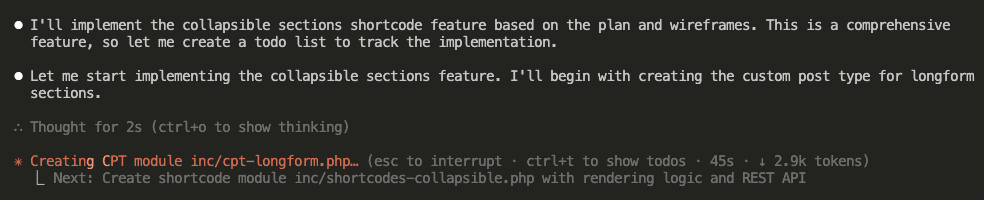 Claude Code starting implementation based on plan and wireframes