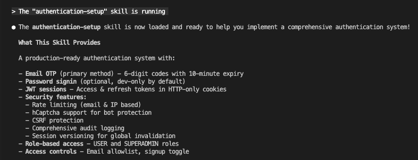 Claude recognizing and loading the authentication-setup skill