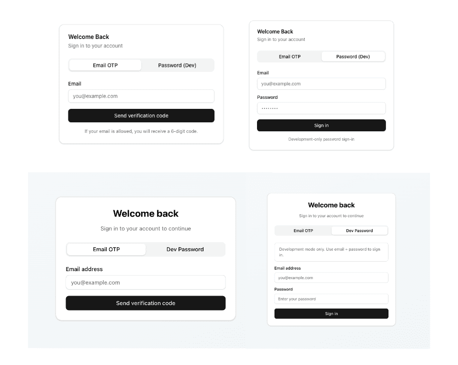 Login page comparison - original boilerplate (top) vs Claude Skills implementation (bottom)