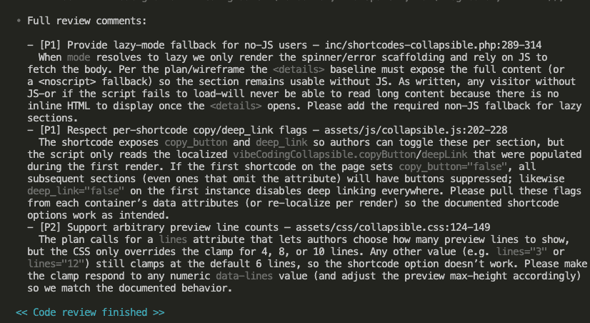 GPT-5's completed code review with findings