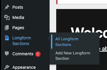WordPress admin showing the new Longform Sections custom post type in the menu