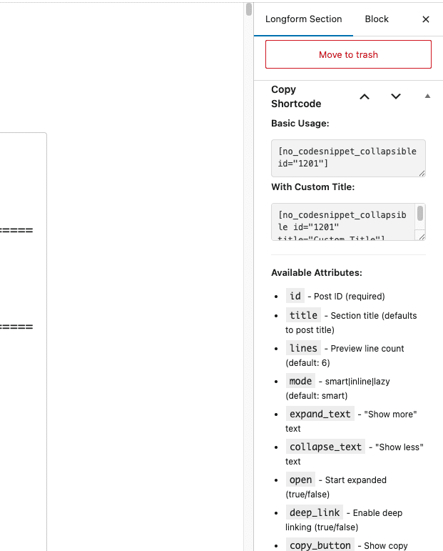 The Longform Section edit screen with copy shortcode functionality