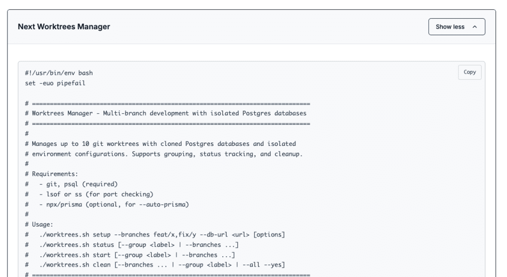 The expanded state showing the full bash script content