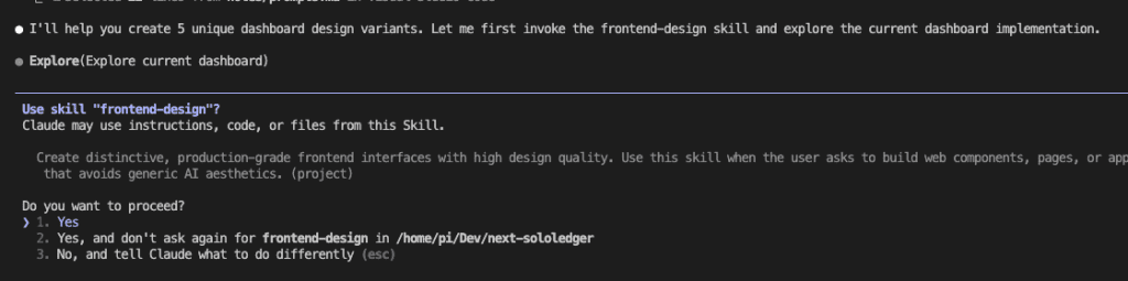 Claude Code activating the frontend-design skill
