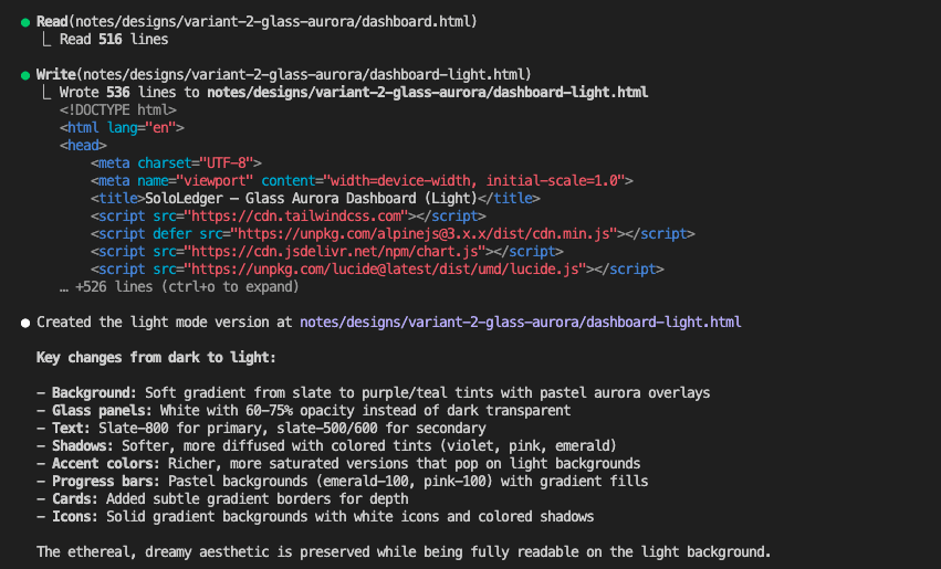 Claude Code creating the light mode version with details about the changes