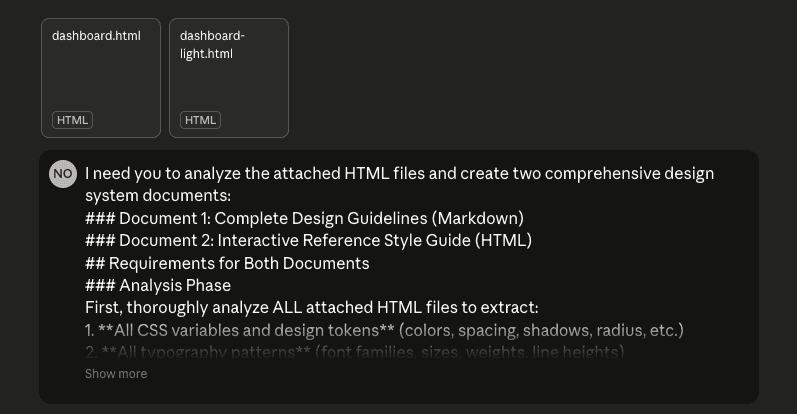Claude Web interface with two HTML files attached - dashboard.html and dashboard-light.html