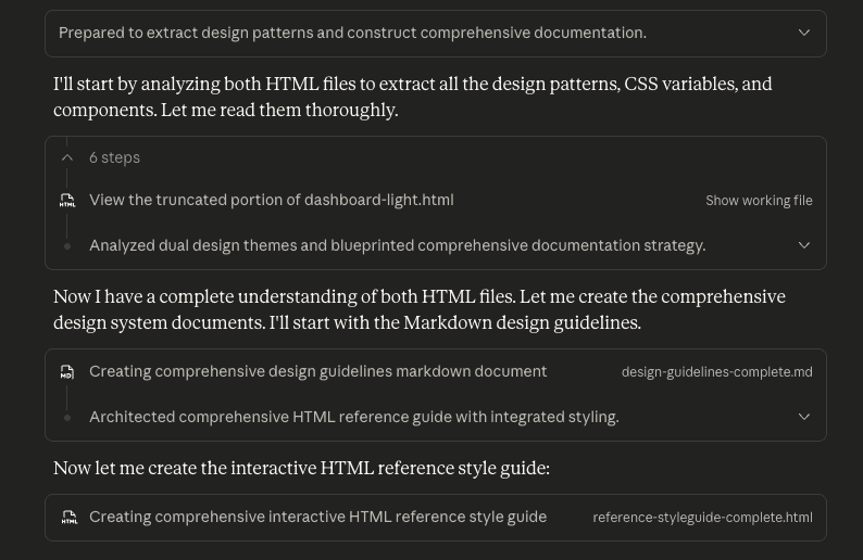 Claude beginning to analyze and create the design documentation