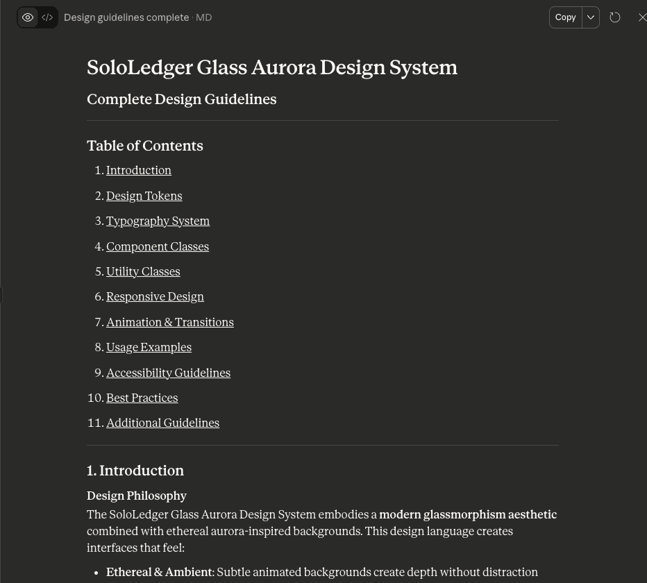 Example of the comprehensive design guidelines document showing the SoloLedger Glass Aurora Design System