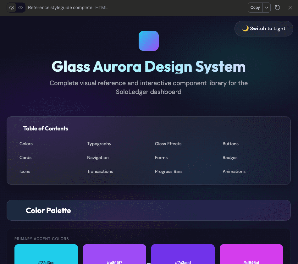 Interactive reference style guide showing color palette with actual color swatches