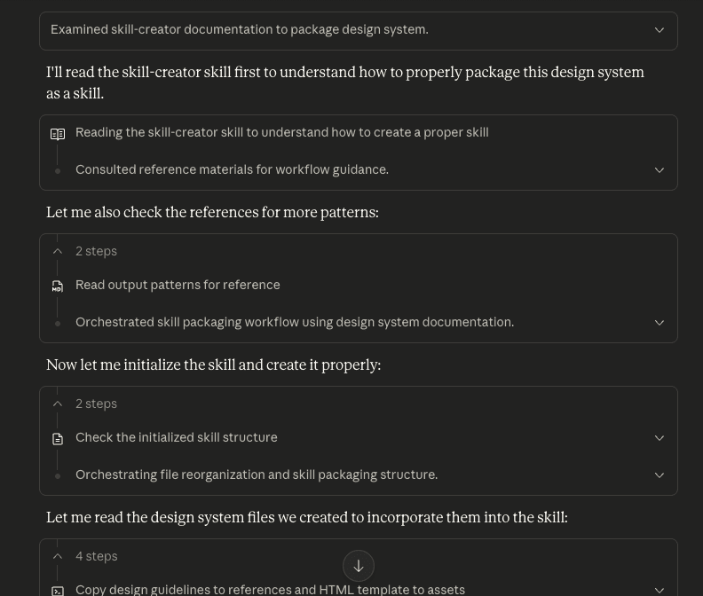 Claude using the skill-creator skill to package the design system