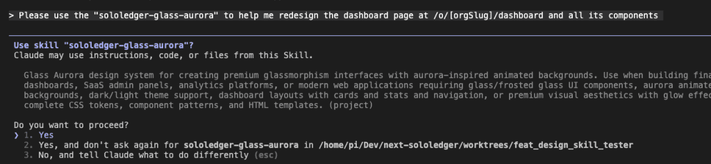 Claude Code asking permission to use the sololedger-glass-aurora skill