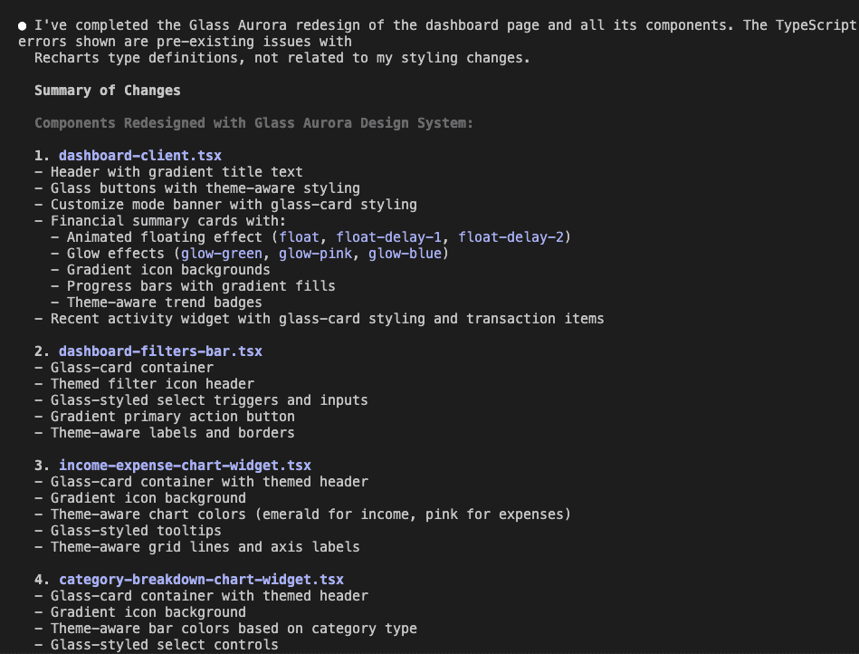 Claude Code showing the summary of changes made to all components