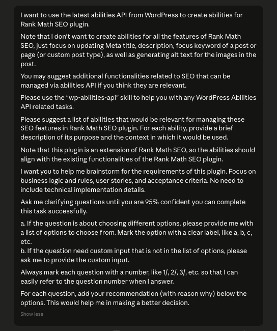 Claude web interface showing the initial brainstorming prompt for creating a Rank Math SEO abilities extension, requesting clarifying questions until 95% confident