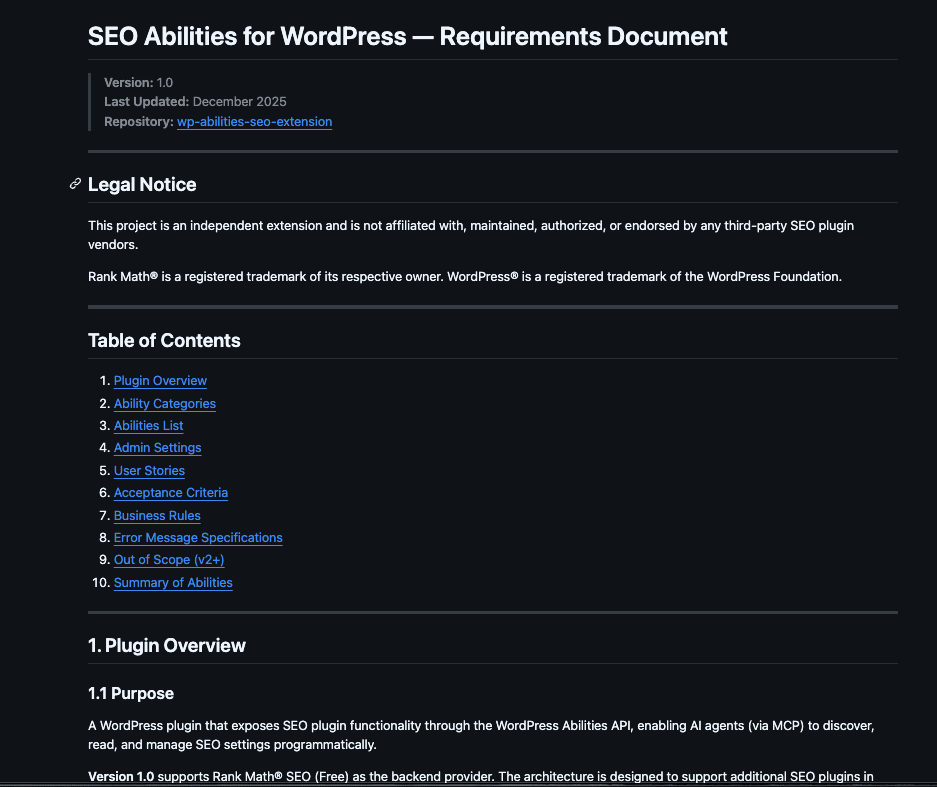 Requirements document generated by Claude showing SEO Abilities for WordPress with table of contents including Plugin Overview, Ability Categories, Abilities List, and Business Rules sections