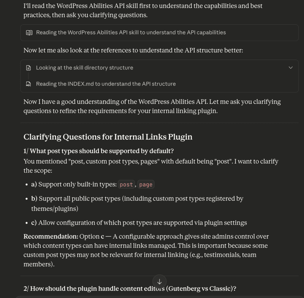 Claude reading WordPress Abilities API skill documentation and presenting 12 clarifying questions about post types, editor support, and implementation approach